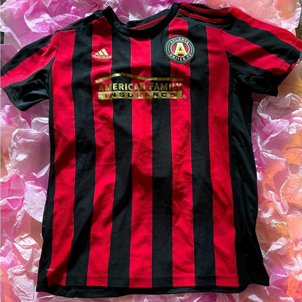 Atlanta United striped red and black Adidas sports shirt